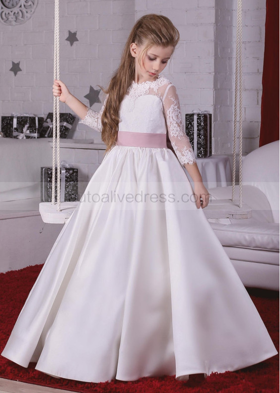 Ivory Lace Satin Flower Girl Dress With Decorated Buttons Ivory Lace Satin Flower Girl Dress With Decorated Buttons